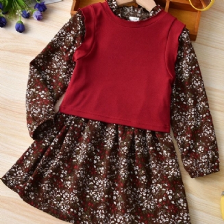 Podzimní Zimní Dívčí Květinová Sukně + Pletený Jednobarevný Vestový Oblek
