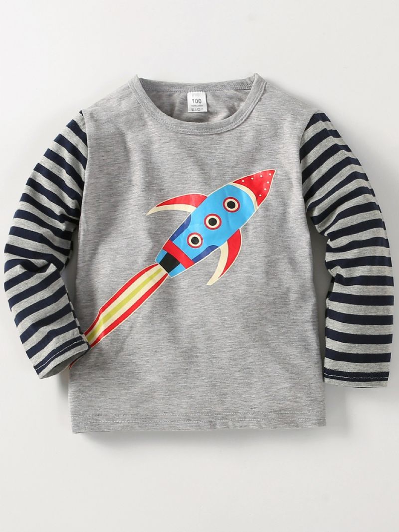 Chlapci Crewneck Cartoon Rocket Pattern Pruhované Ležérní Tričko S Dlouhým Rukávem