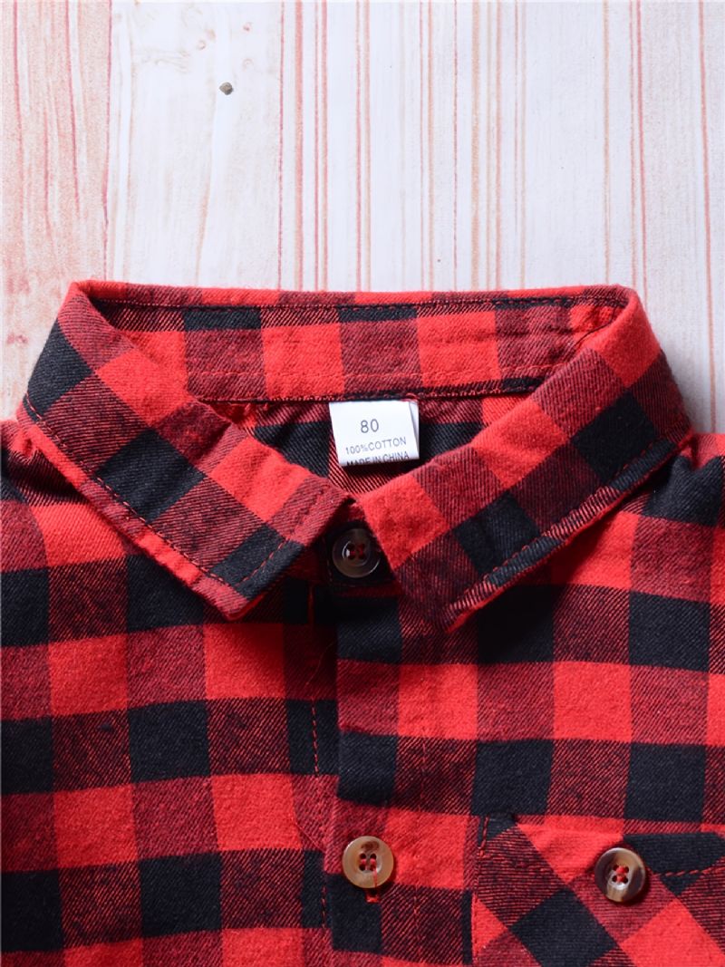 Chlapecké Ležérní Vintage Kostkované Košile S Dlouhým Rukávem Klopové Topy Pro Zimní Červené