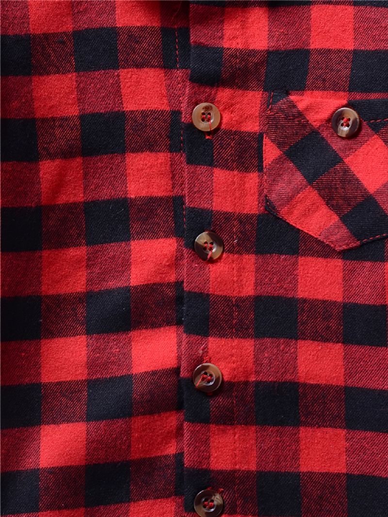 Chlapecké Ležérní Vintage Kostkované Košile S Dlouhým Rukávem Klopové Topy Pro Zimní Červené