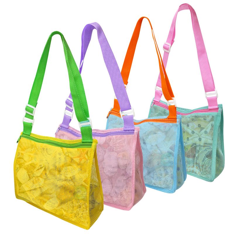 4ks Beach Toys Net Bag Dětská Taška Shell Collection Přenosná Se Zipem Pro Uložení Chlapci Dívky