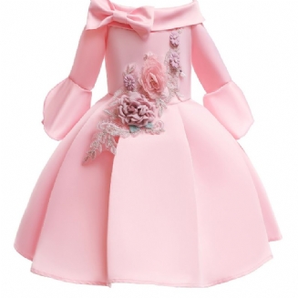 Dívčí Elegantní Dlouhé Květy Vyšívané Šaty Na Jedno Rameno Kostýmy Pro Party Vystoupení Růžová