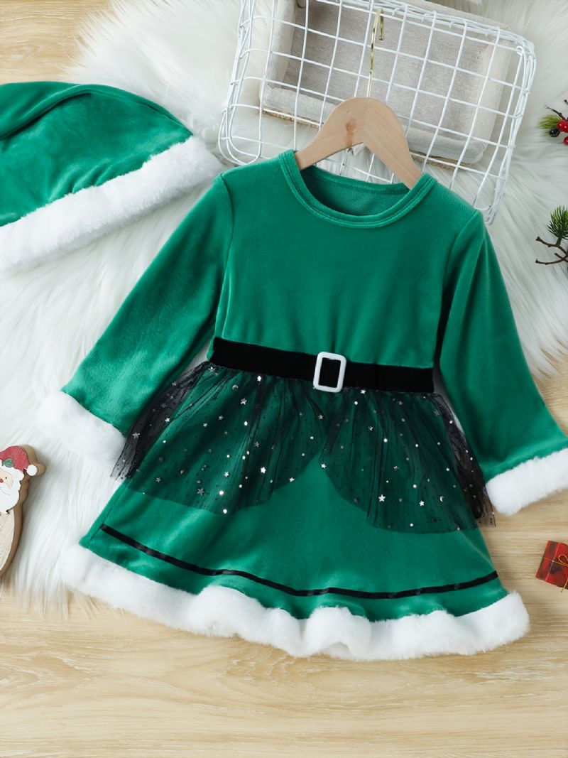 Dívčí Elegantní Nádherné Šaty Pro Princeznu Ze Sametové Síťoviny A Čepice Santa Na Vánoční Večírek
