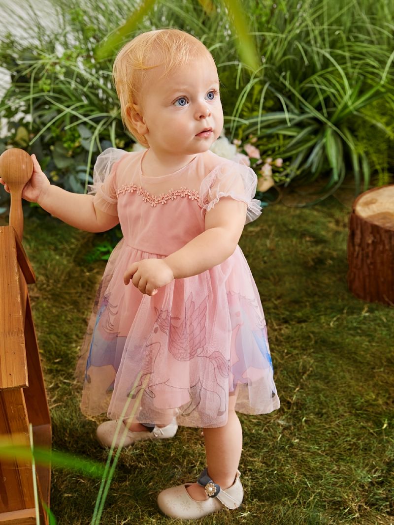 Dívčí Elegantní Roztomilé Princeznovské Šaty Ze Síťoviny S Potiskem Jednorožce Na Narozeninovou Oslavu Růžové