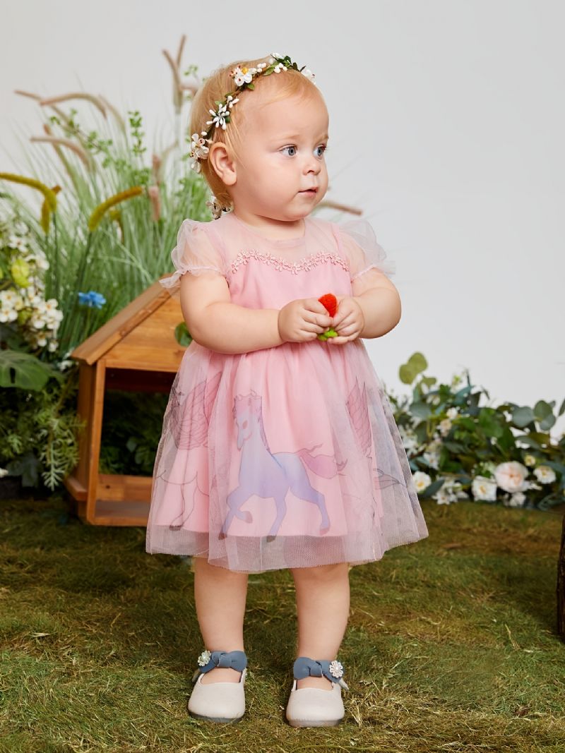Dívčí Elegantní Roztomilé Princeznovské Šaty Ze Síťoviny S Potiskem Jednorožce Na Narozeninovou Oslavu Růžové