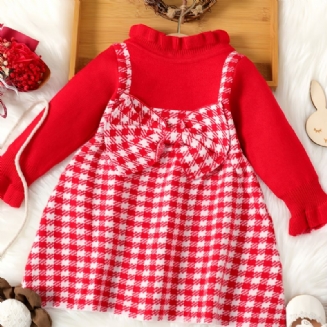 Dívčí Kostkované Šaty S Dlouhým Rukávem A Volánkovým Límcem S Mašlí Na Podzim Zima Nové Vánoční