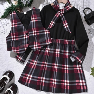 Dívčí Kostkované Šaty S Dlouhým Rukávem + Ladící Vesta + Kravata Sada Dětské Oblečení Na Vánoce