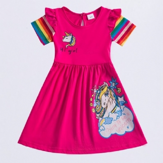 Dívčí Ležérní Kreslené Bavlněné Šaty S Duhou Unicorn Hi Dívky Print