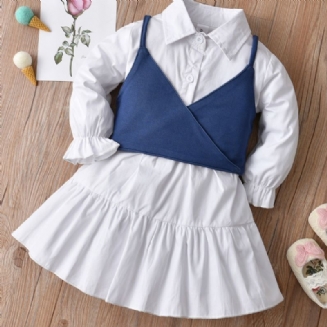 Dívčí Móda Bílé Košilové Šaty + Džínová Košilka Dvoudílné S Dlouhým Rukávem Jaro Podzim