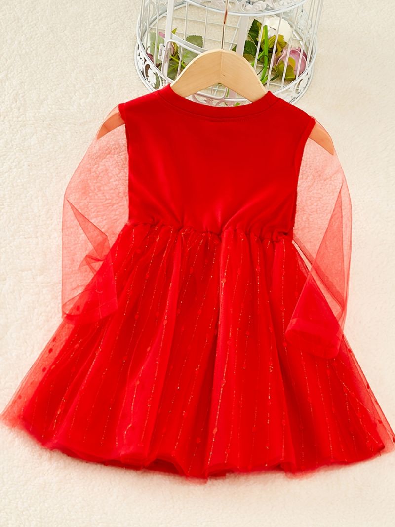 Dívčí Neformální Červené Šaty Ze Síťoviny S Dlouhým Rukávem
