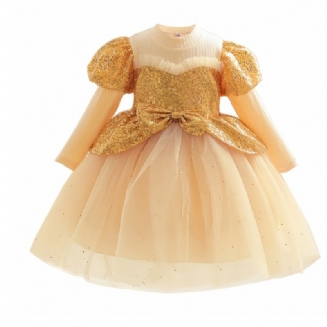 Dívčí Roztomilé Elegantní Šaty Princezny S Nafouknutým Rukávem Šití Flitrové Mašle Na Párty