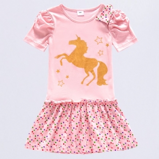 Dívčí Roztomilé Ležérní Kreslené Šaty S Potiskem Puntíků Unicorn