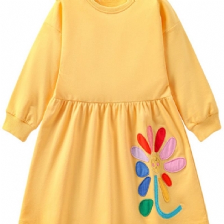 Dívčí Roztomilé Slunečnicové Bavlněné Šaty S Dlouhým Rukávem