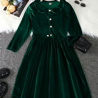 Dívčí Tmavě Zelené Elegantní Plisované Sametové Šaty S Dlouhým Rukávem Princezna Podzim Zima