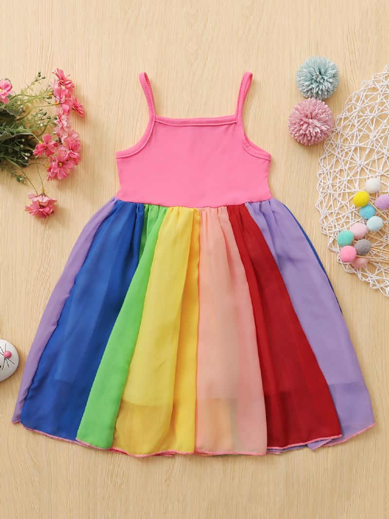 Dívčí Řemínek Bez Rukávů Rainbow Color Patchwork Dress Dětské Oblečení