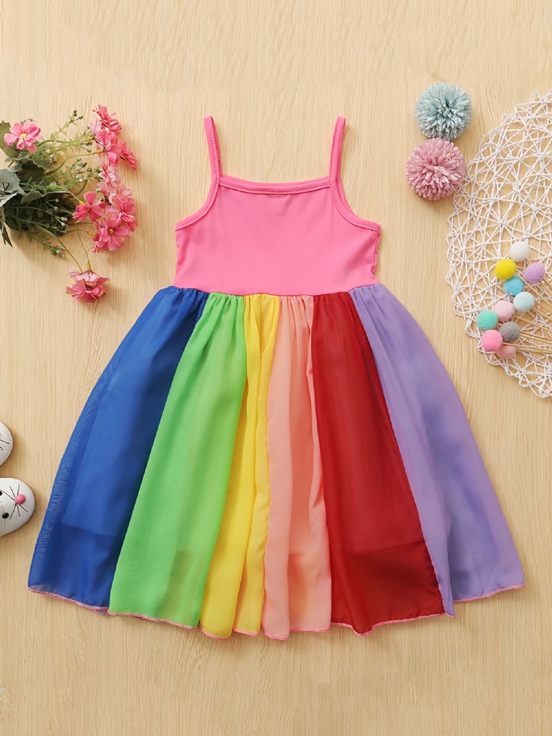 Dívčí Řemínek Bez Rukávů Rainbow Color Patchwork Dress Dětské Oblečení
