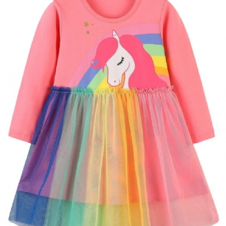 Dívčí Šaty Rainbow Unicorn Se Síťovaným Vzorem Dětské Oblečení