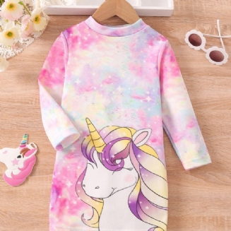 Dívčí Šaty S Kravatou Dye Unicorn Print Dlouhý Rukáv Princezna