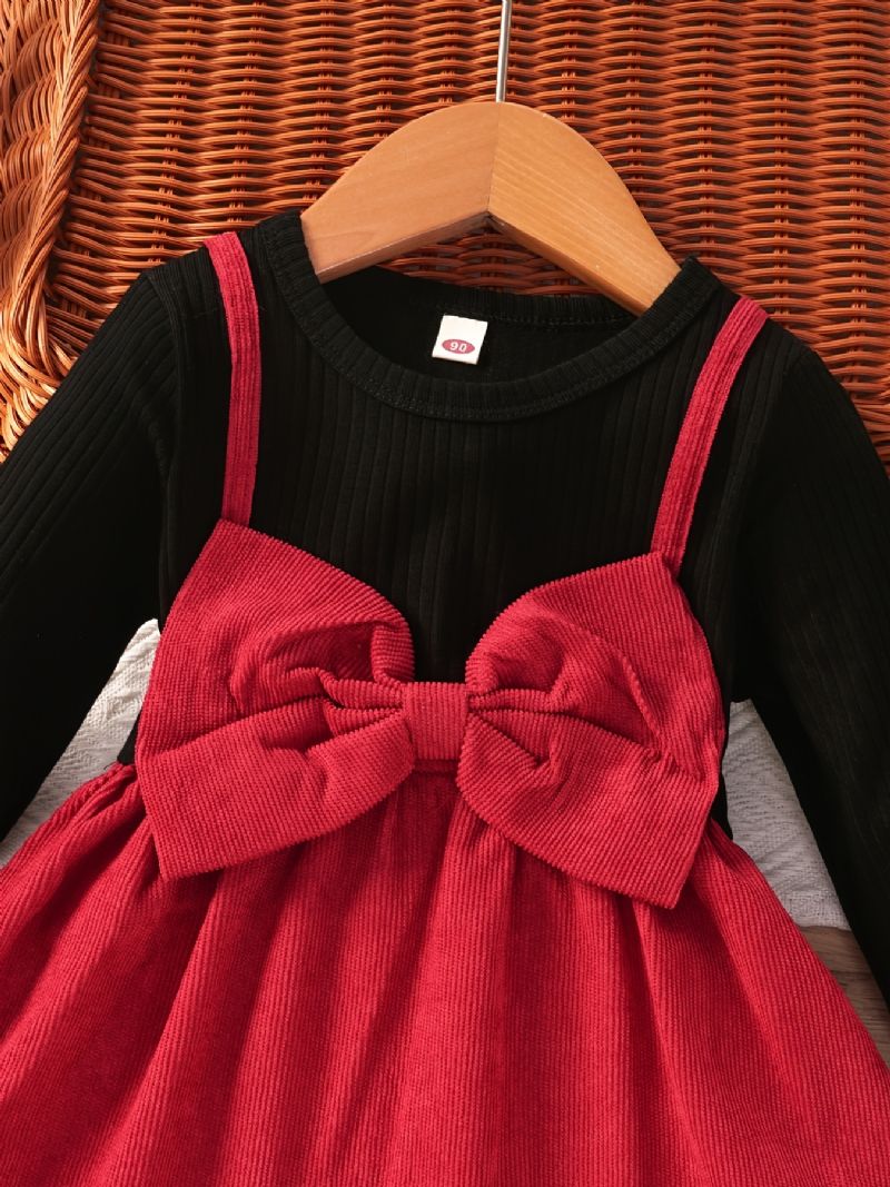 Dívčí Šaty S Mašlí Top & Suspender Sukně S Dlouhým Rukávem 2v1 Zima Nové Vánoční