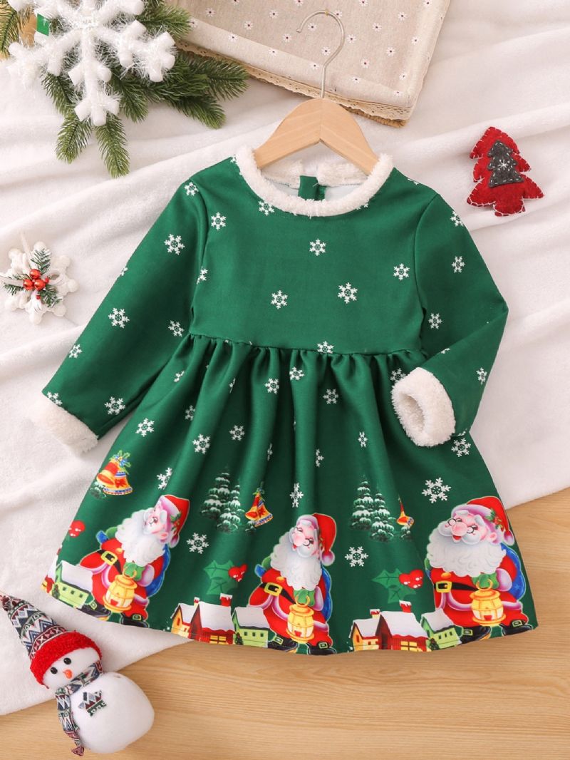 Dívčí Šaty S Potiskem Santa Claus & Snowflake Termo Fleecové Na Vánoční Večírek