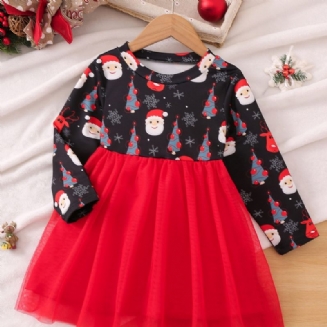 Dívčí Šaty S Vánočním Potiskem Ze Síťoviny Patchwork Princeznovské S Dlouhým Rukávem Dětské Oblečení