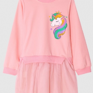 Dívčí Šaty Unicorn Print Pink Tylle Mesh Dress Dětské Oblečení