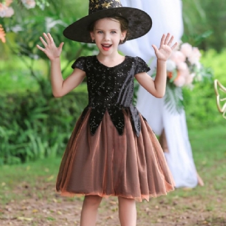 Dětské Dívčí Halloween Tyl Čarodějnice Cosplay Šaty S Krátkým Rukávem Plesové Gázová Sukně Kostým Narozeninové Párty S Kloboukem