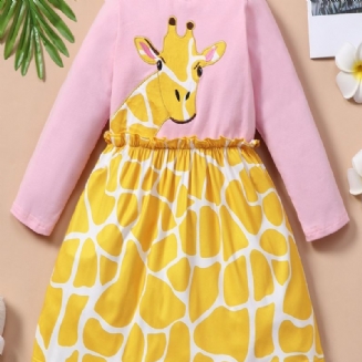 Dětské Roztomilé Kreslené Žirafa S Dlouhým Rukávem Vyšívané Patchworkové Šaty S Kulatým Výstřihem Růžový Top Prodyšná Pohodlná Košile Sukně Lehké Dívčí Měkké Elegantní Halenka