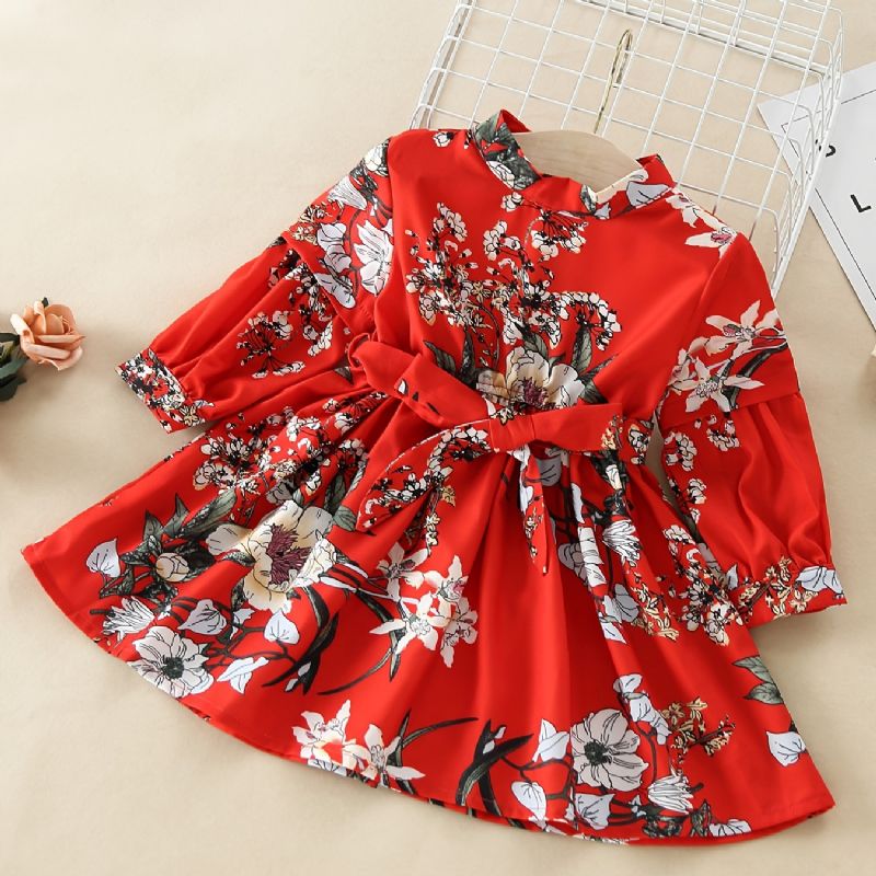 Děťátko Dívky Dress Flowers Print Dlouhý Rukáv Pásek Princezna Šaty Dětské Oblečení