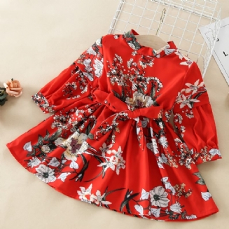 Děťátko Dívky Dress Flowers Print Dlouhý Rukáv Pásek Princezna Šaty Dětské Oblečení