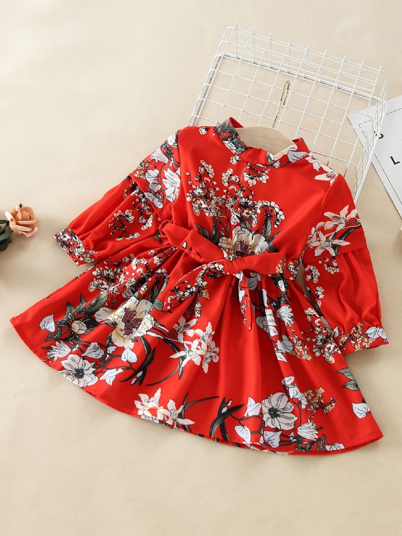 Děťátko Dívky Dress Flowers Print Dlouhý Rukáv Pásek Princezna Šaty Dětské Oblečení