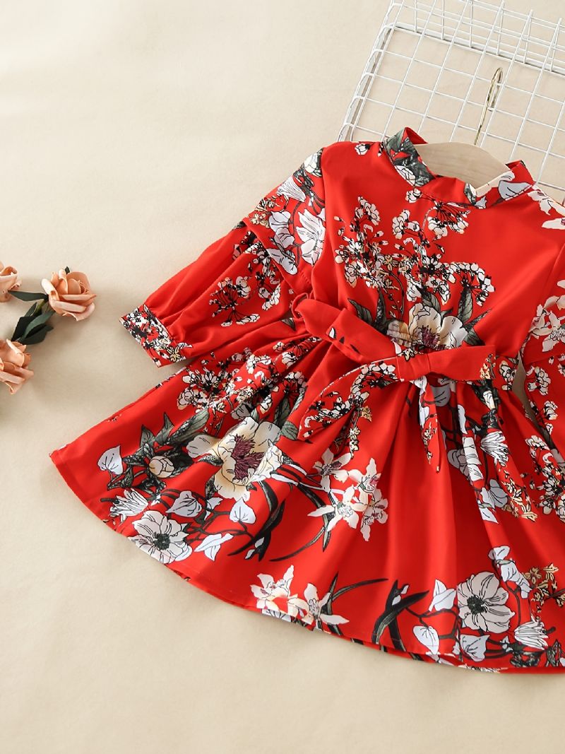 Děťátko Dívky Dress Flowers Print Dlouhý Rukáv Pásek Princezna Šaty Dětské Oblečení