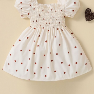 Děťátko Dívky Heart Print Puffer Sleeve Dress Dětské Oblečení