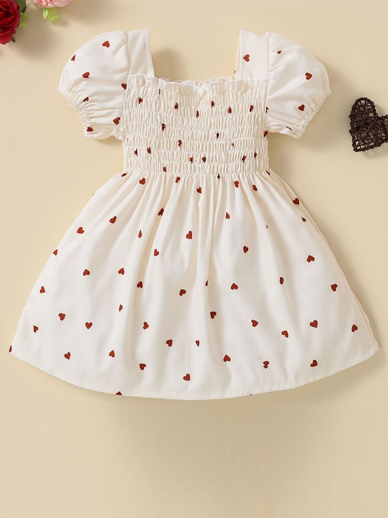 Děťátko Dívky Heart Print Puffer Sleeve Dress Dětské Oblečení