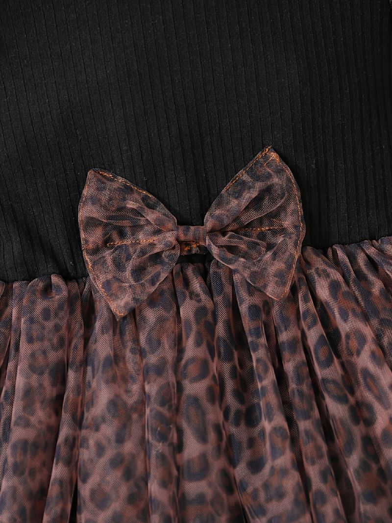 Holčičky Leopardí Mašle Tutu Šaty Létající Rukáv Dlouhý Pletená Síťovina Spojování Společenské Dětské Oblečení