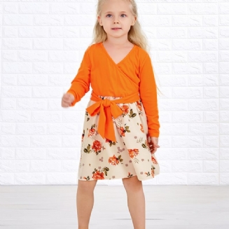 Miminka Dívčí Šaty S Dlouhým Rukávem Výstřihem Do V Květiny Prošívání Oranžové Dětské Oblečení