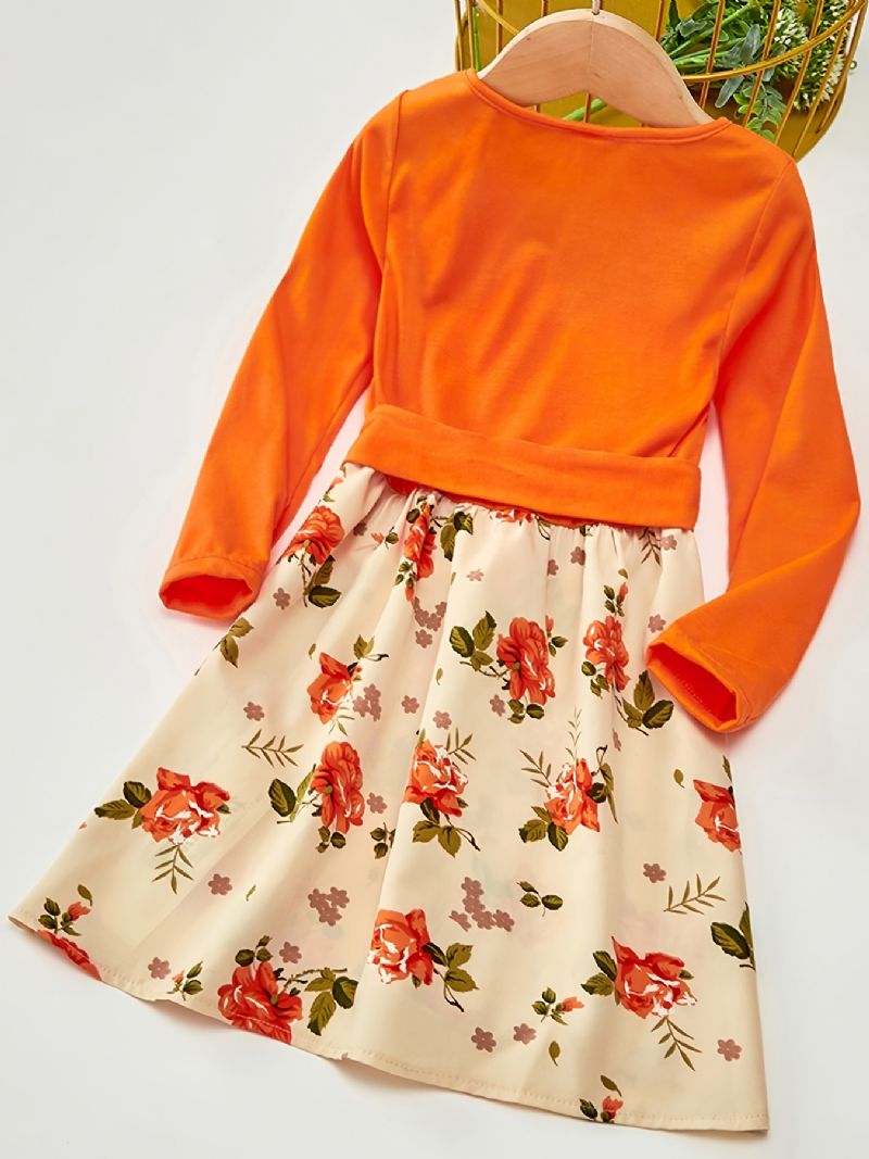 Miminka Dívčí Šaty S Dlouhým Rukávem Výstřihem Do V Květiny Prošívání Oranžové Dětské Oblečení