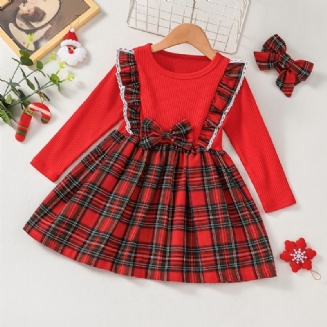 Vánoční Dětské Dívčí Kostkované Kontrastní Šaty A Čelenka S Dlouhým Rukávem Oblečení