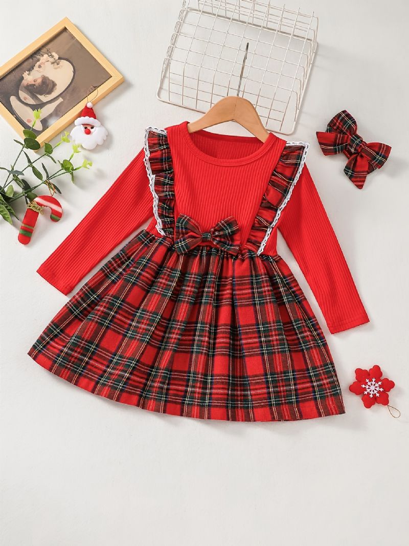 Vánoční Dětské Dívčí Kostkované Kontrastní Šaty A Čelenka S Dlouhým Rukávem Oblečení