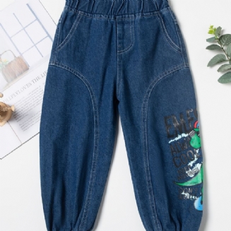 Batole Chlapci Dinosaur Graphic Casual Jeans Elastický Pas Džínové Kalhoty