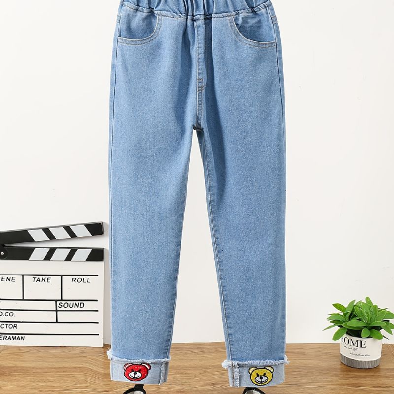 Batole Dívky Denim Neformální Džíny Kreslený Medvěd Výšivka Jaro Podzim