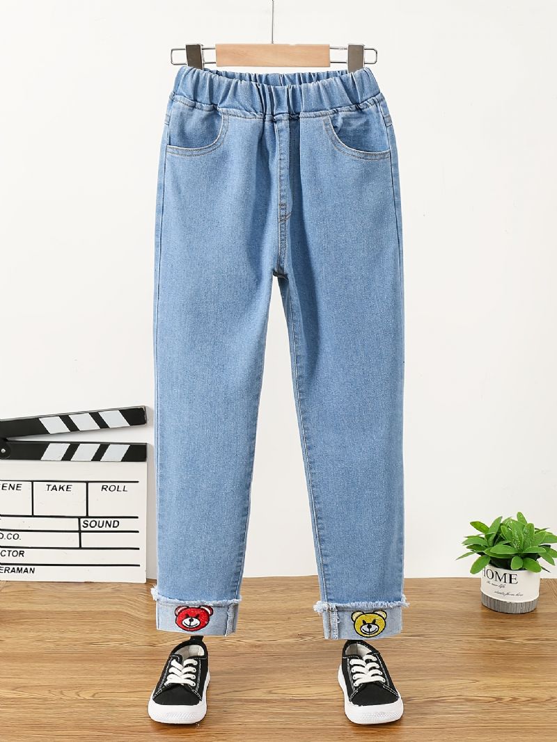 Batole Dívky Denim Neformální Džíny Kreslený Medvěd Výšivka Jaro Podzim