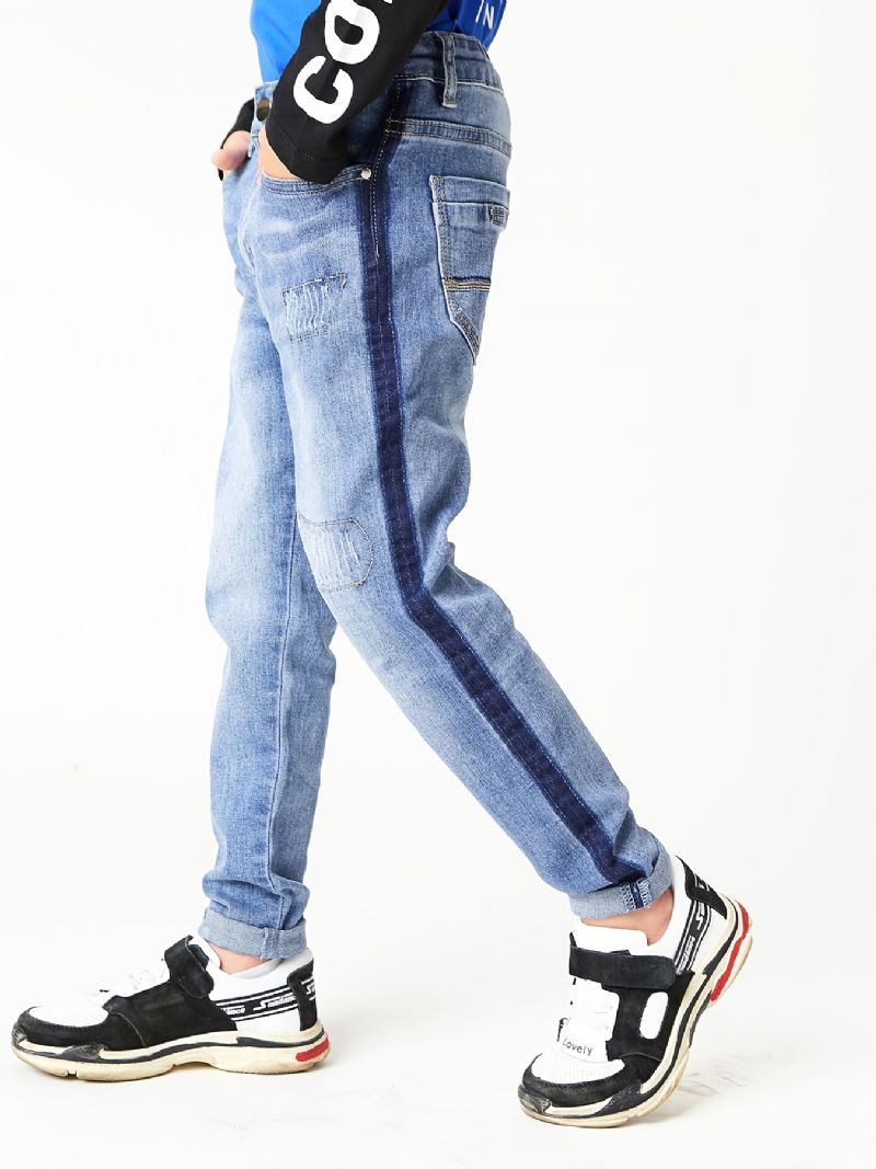 Chlapci Casual Simple Vintage Ripped Denim Jeans Slim Fit Pruhované Kalhoty Color Block