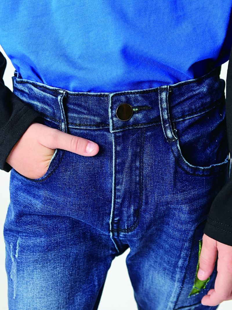 Chlapci Ležérní Jednoduché Vintage Džínové Džíny Roztrhané Patch Rovné Nohavice Color Block Kalhoty