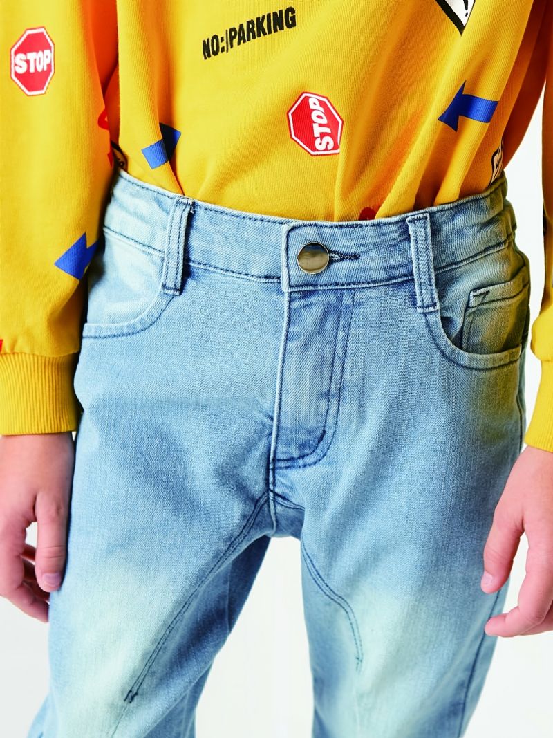 Chlapecké Ležérní Elastické Džínové Džíny Lehké Trendy Kalhoty S Rovnými Nohama Světle Modré