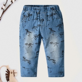 Chlapecký Vzor Dinosaura Džíny Džínové Kalhoty Rovné Nohavice S Elastickým Pasem Dětské Oblečení
