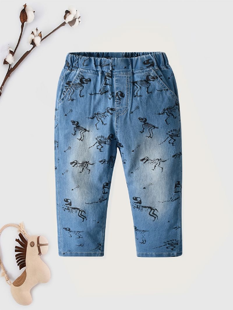 Chlapecký Vzor Dinosaura Džíny Džínové Kalhoty Rovné Nohavice S Elastickým Pasem Dětské Oblečení