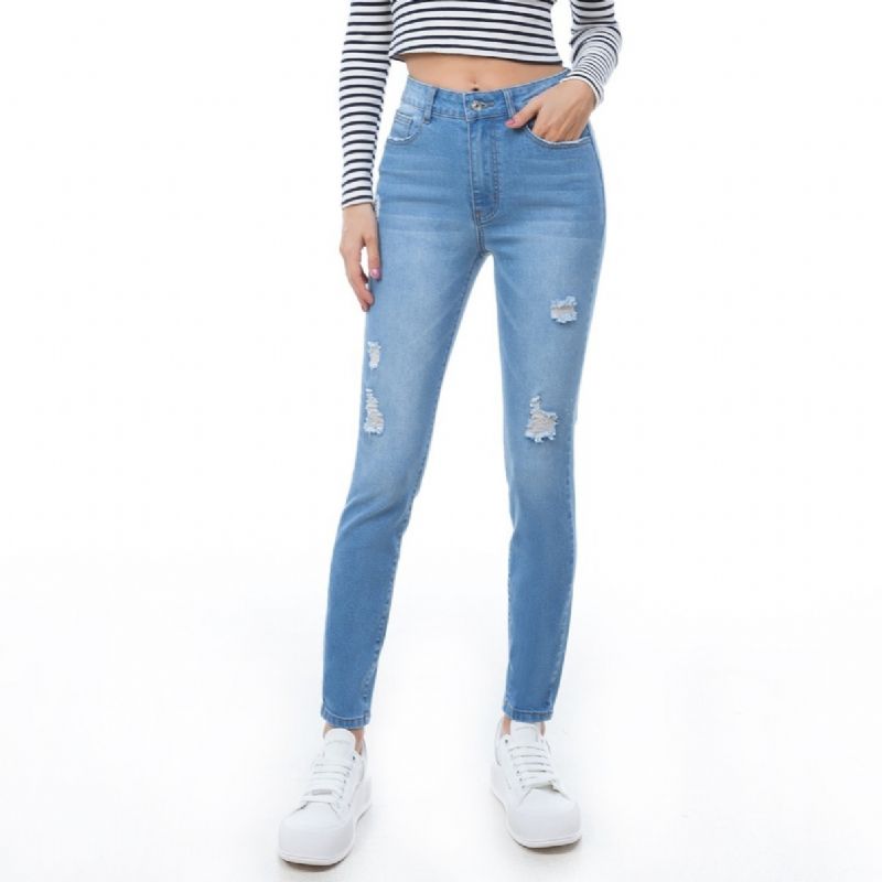 Dámské Roztrhané Zipy S Vysokým Pasem Skinny Jeans Dívčí Vysoce Strečové Pevné Džíny
