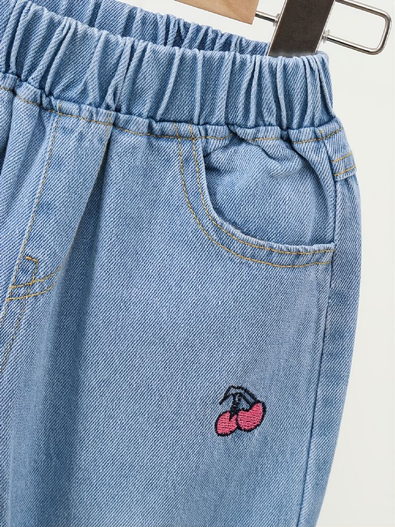 Dívky Roztomilé Třešňové Výšivky Denim Neformální Džíny Podzim Zima