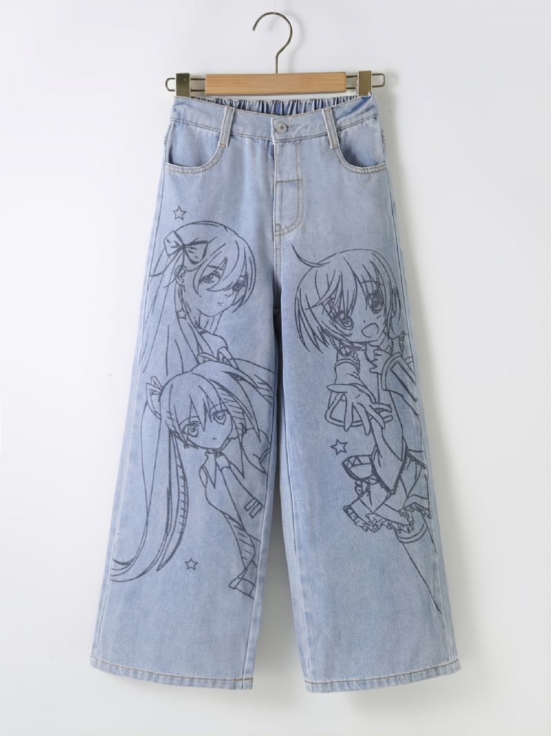 Dívčí Anime Print Preppy Džíny S Rovnými Nohami